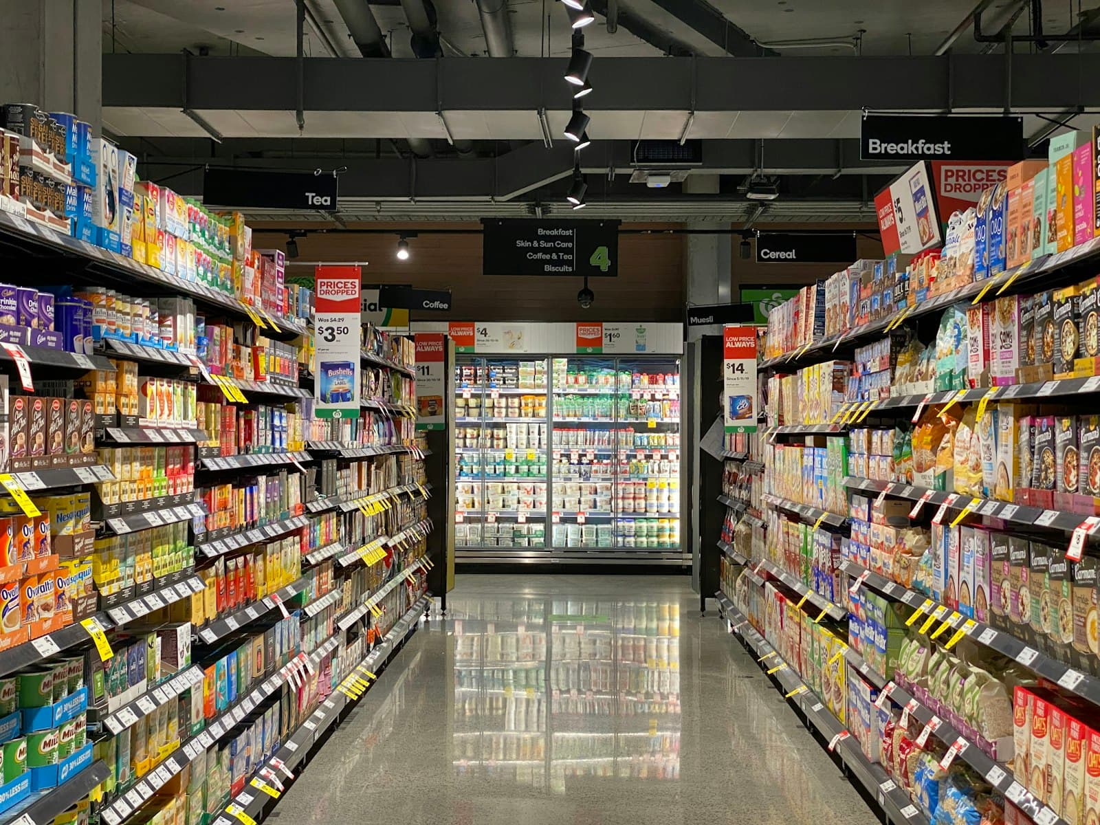 Retail store aisle with stocked shelves