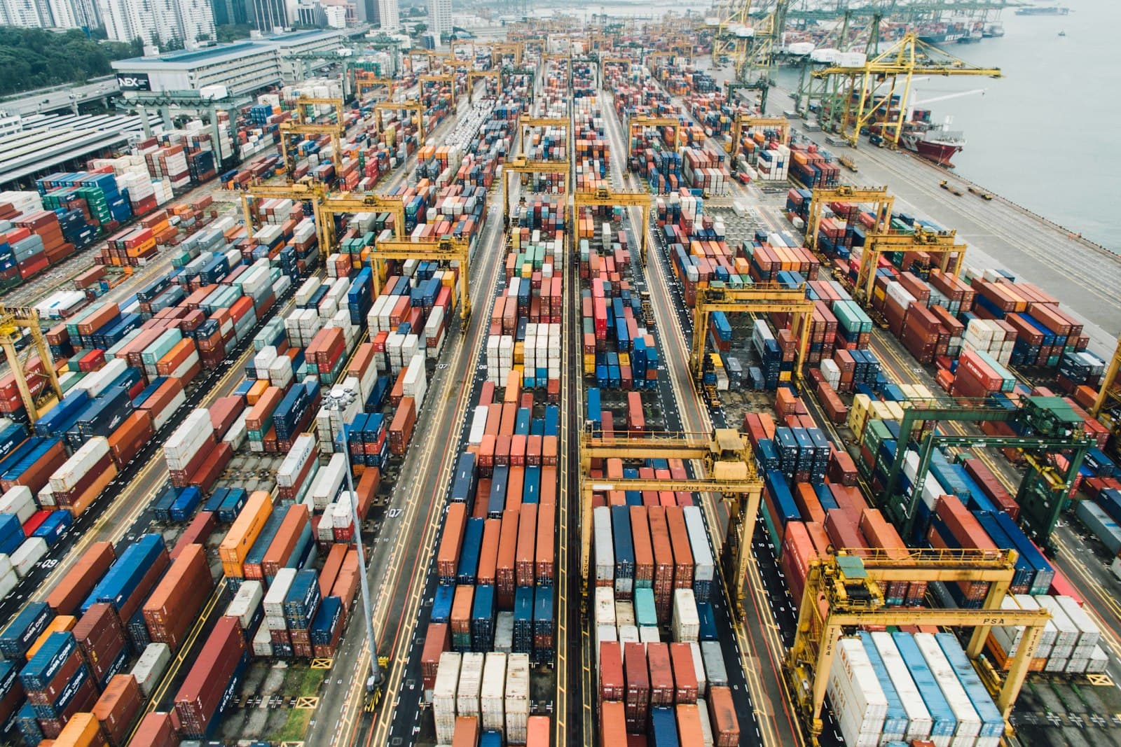 Aerial view of an international container shipping port
